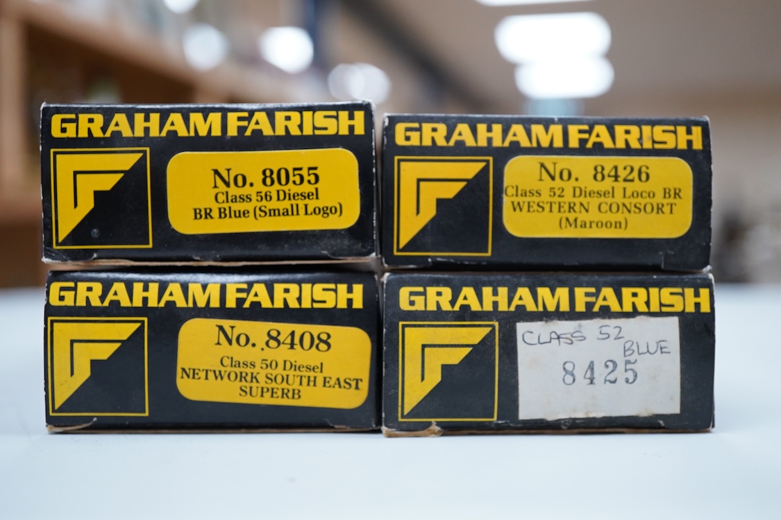 Four boxed Graham Farish N gauge railway electric and diesel locomotives; a BR class 55, Argyle & Sutherland Highlander D9021 (8414), a Freightliner class 57, Freightliner Pioneer 57001 (804A), a Rail Express class 90, P